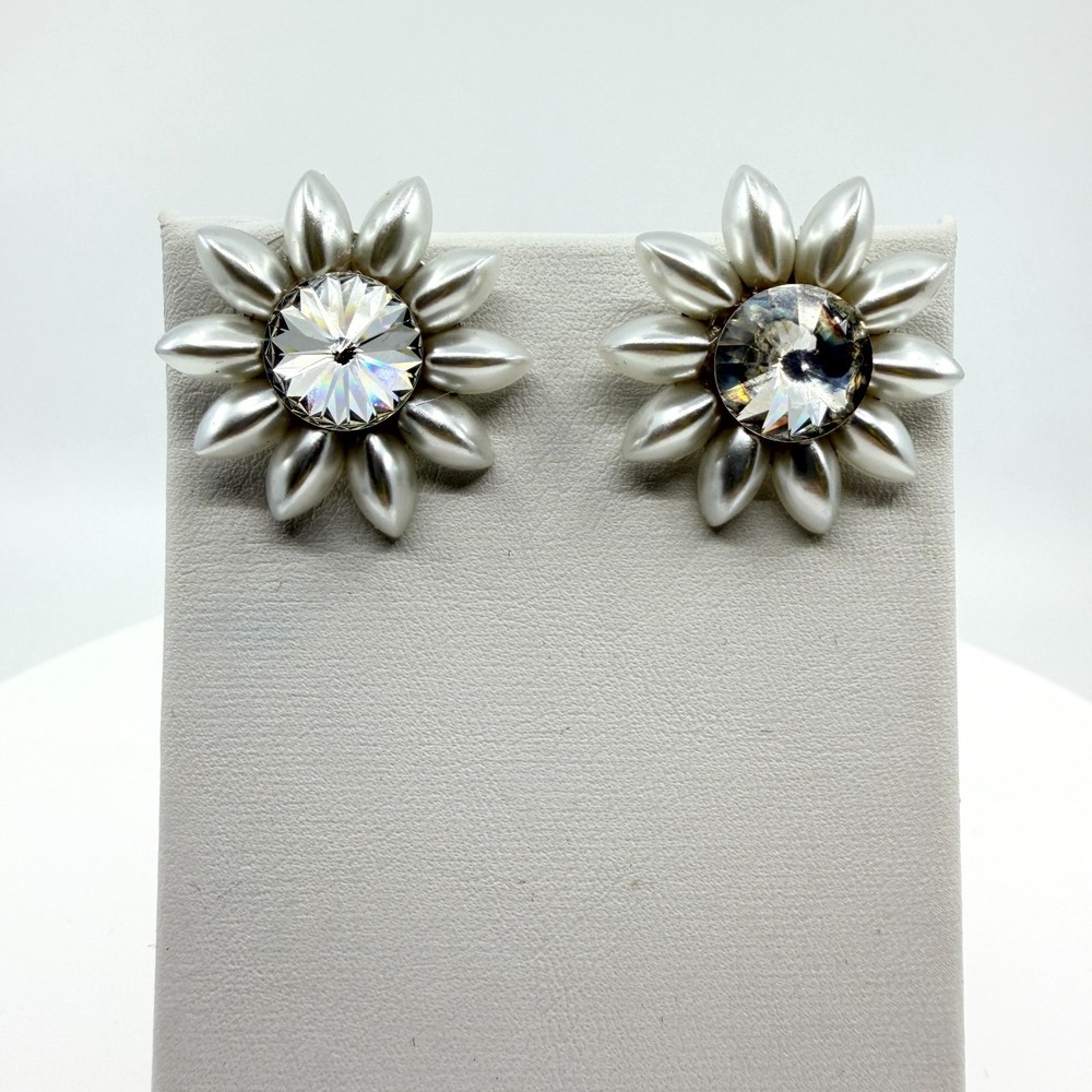 VTG Silver Tone Pearl Sunflower Crystal Starburst Post Earrings